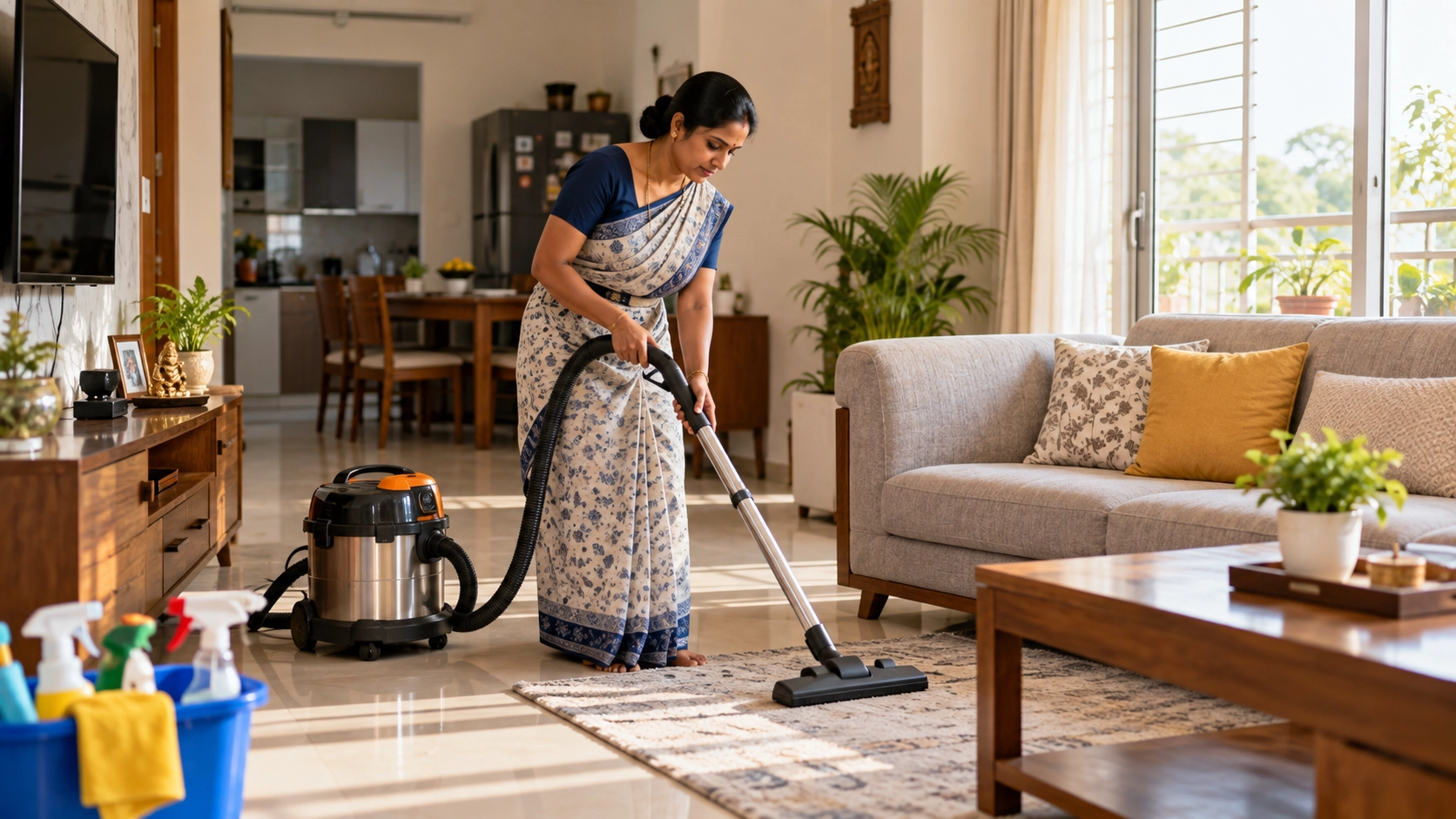 Indian domestic helper cleaning a modern home in Hosur
